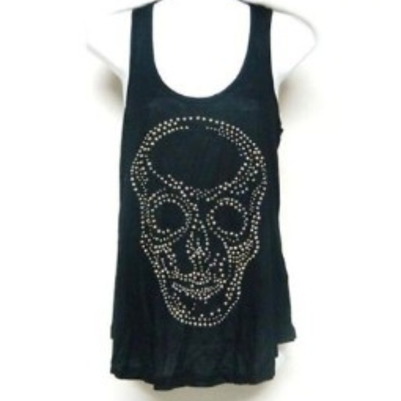 🍄Skull Print Studded Tank Top Black Gold Small - Picture 1 of 4